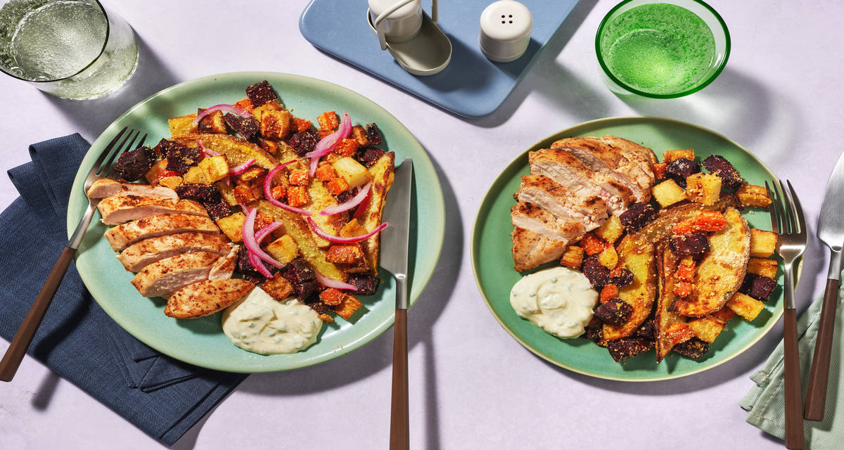 Kylling og bagte grøntsager med purløgsdressing En version til børn, en til voksne