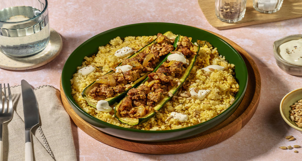 Harissa and Turkey-stuffed Courgette with couscous