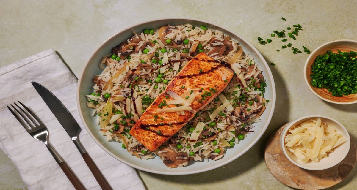 Pan-seared Paprika Salmon and Black Garlic Rice with peas and chives