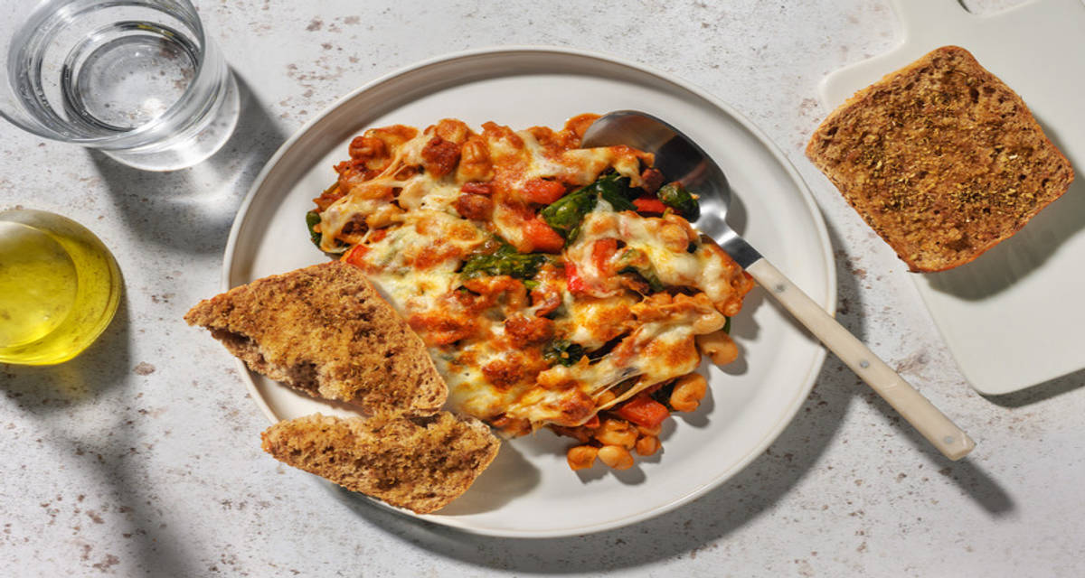 Mijoté de chorizo & haricots de Lima au fromage ciabatta complète, épinards et mozzarella