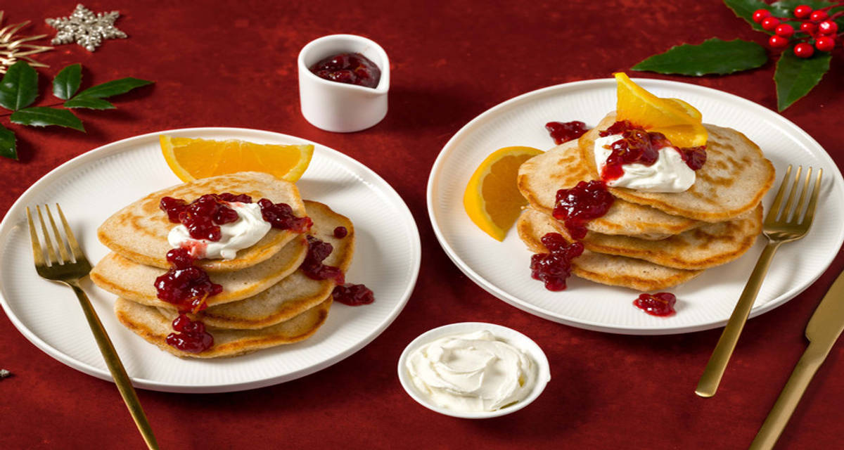 Kerst-pancakes met cranberry-sinaasappelsaus 2 porties | met mascarponetopping