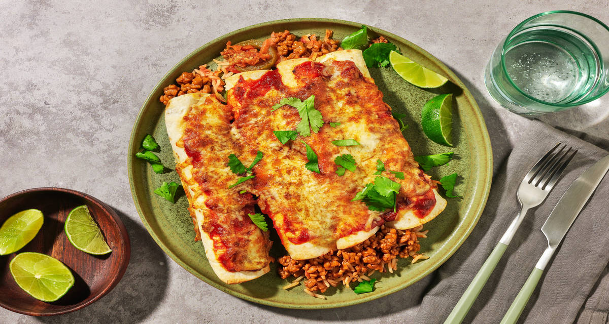 Focus sport : Burrito, riz gratiné & haché végé avec 115 g de glucides minimum par personne