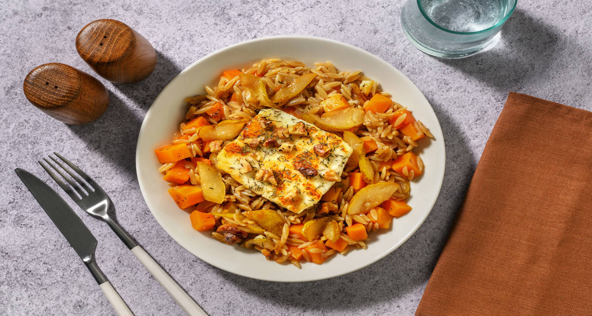 Halloumi rôti et orzotto au potimarron poire caramélisée, noix grillées et thym