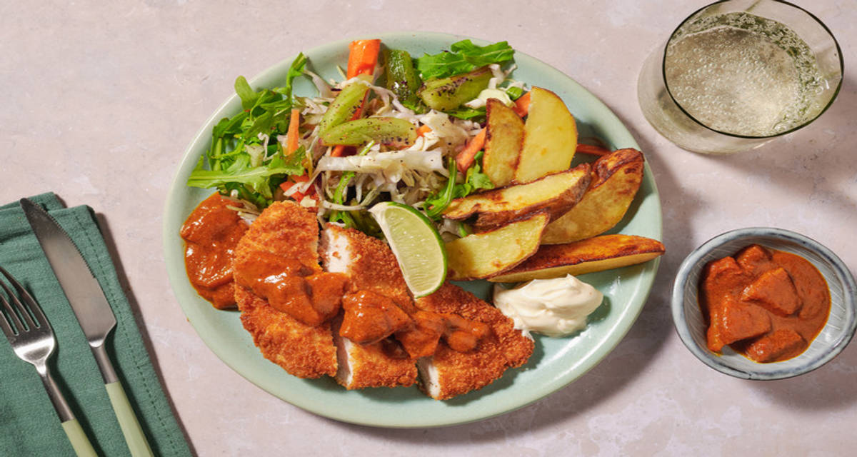 Caribbean-inspired Crispy Turkey with wedges and kiwi lime slaw
