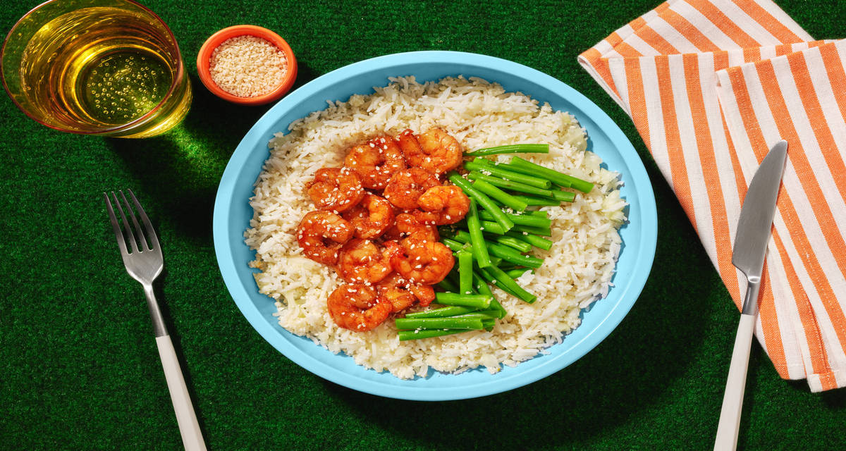 Crevettes laquées & gomasio riz, haricots verts et épices coréennes