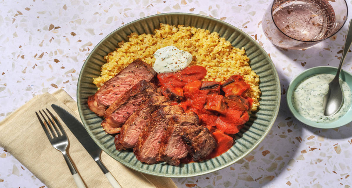 Entrecôte & sauce au yaourt parfumée boulgour, aubergine et aneth frais