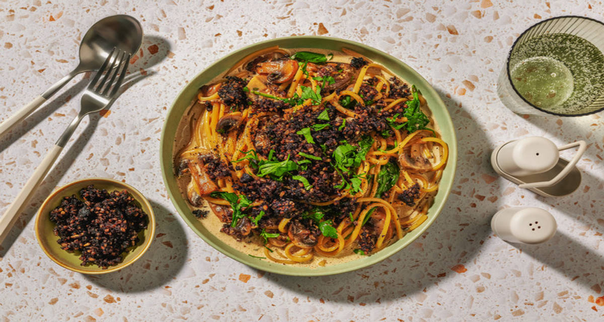 Clonakilty Blackpudding & Black Garlic Mushroom Linguine with baby spinach