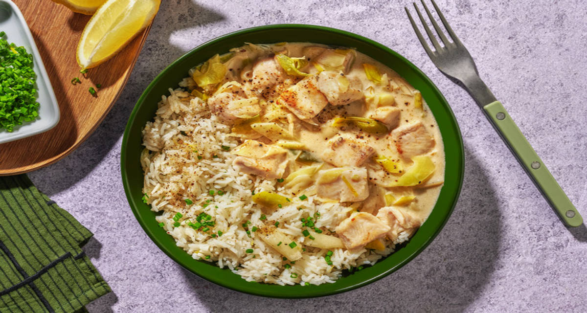 Fennel and Leek Fish with Chorizo Stew with buttery and zesty chive rice