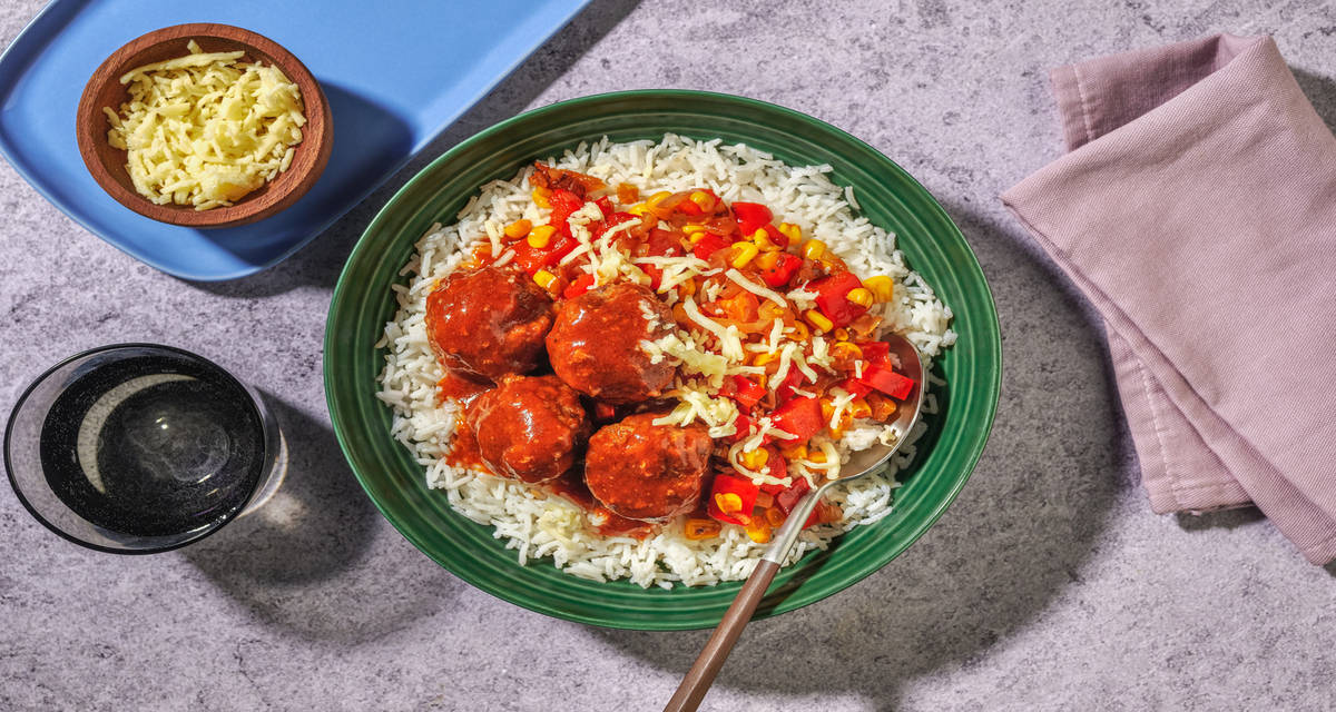 Risbowl med BBQ-köttbullar med riven ost och stekta grönsaker