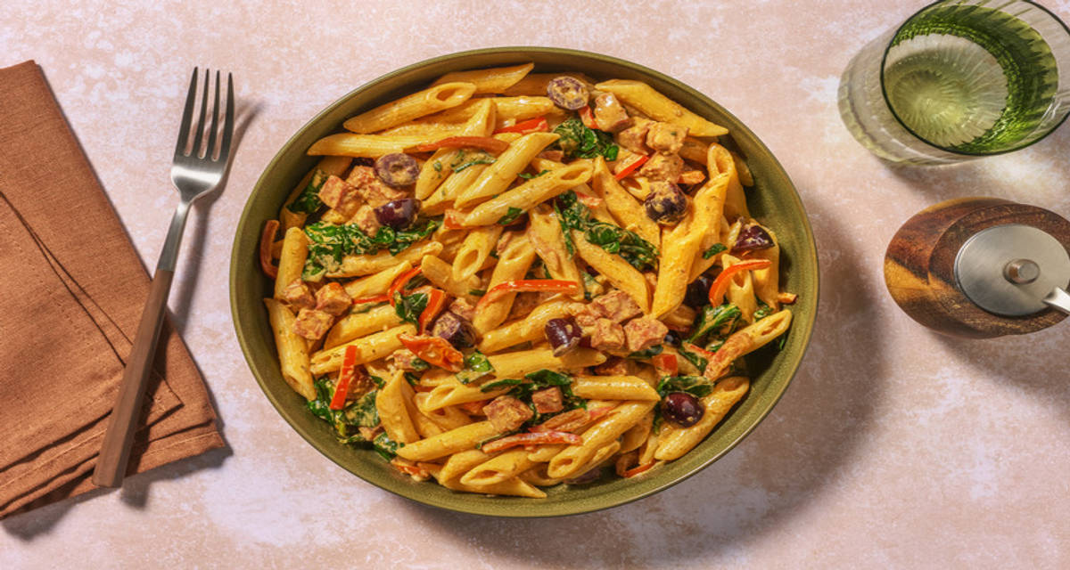 Romige pasta met chorizo en olijven met tomaten, puntpaprika en spinazie