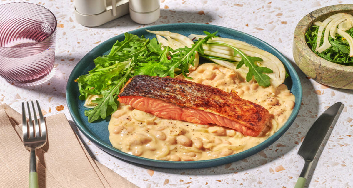 Salmon and Cannellini Beans with lemony fennel salad