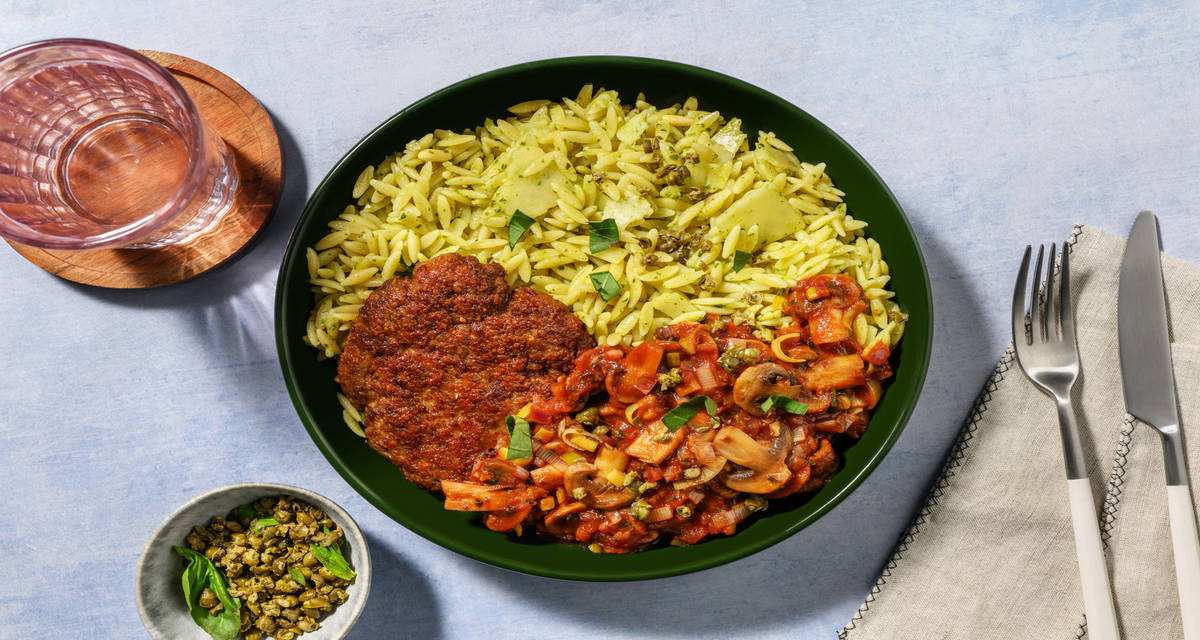 Bowl d'orzo au steak haché & Grana Padano pesto, câpres, basilic et champignons