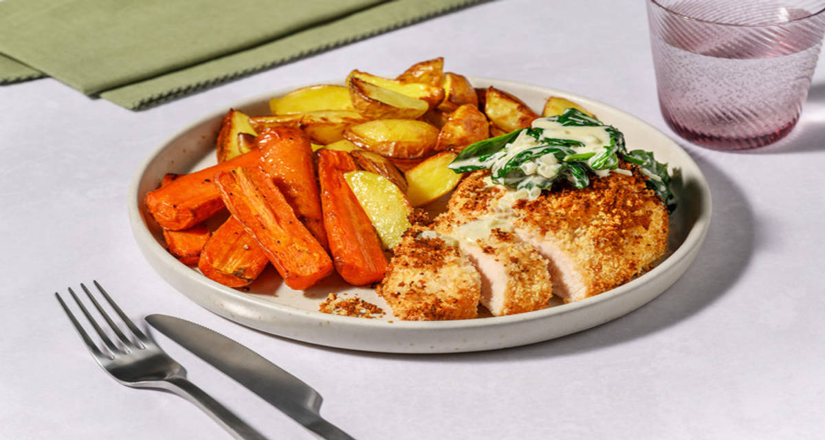 Honey Mustard Glazed Crispy Chicken with creamed spinach and oven-baked veg
