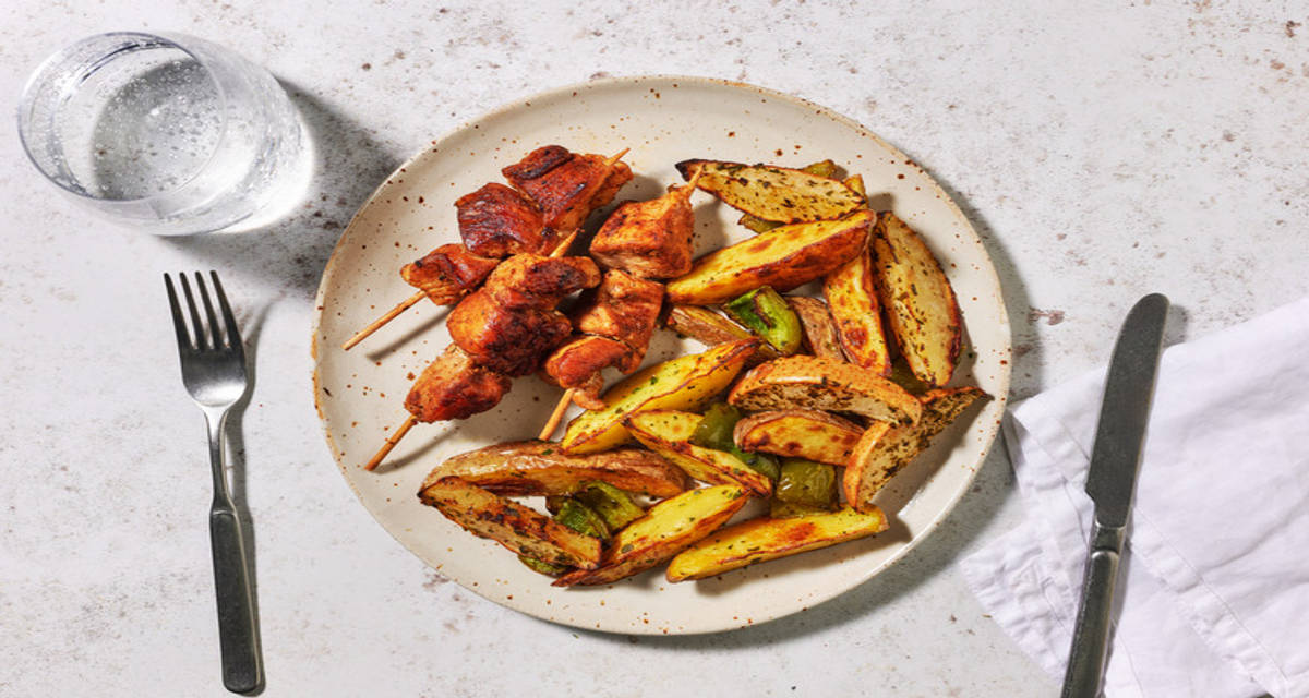 Pinchitos de pollo con aderezo al estilo cajún acompañado de verduras y manzana asada