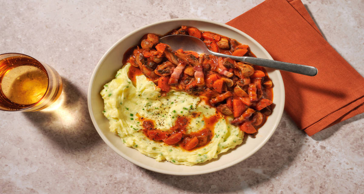 Hearty Double Mushroom Bourguignon with Irish Bacon with Guinness paste© and cheesy chive mash