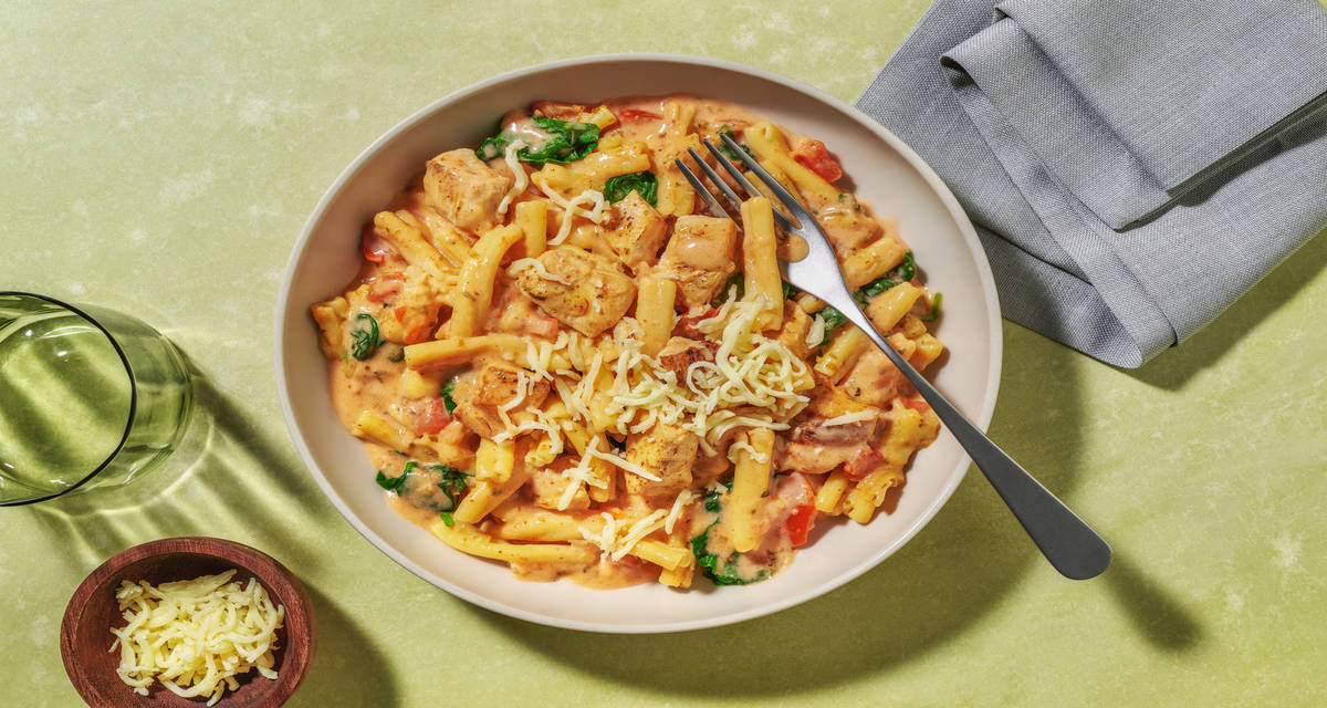Fusilli complets au poulet, crème & épinards avec de la tomate & du gouda
