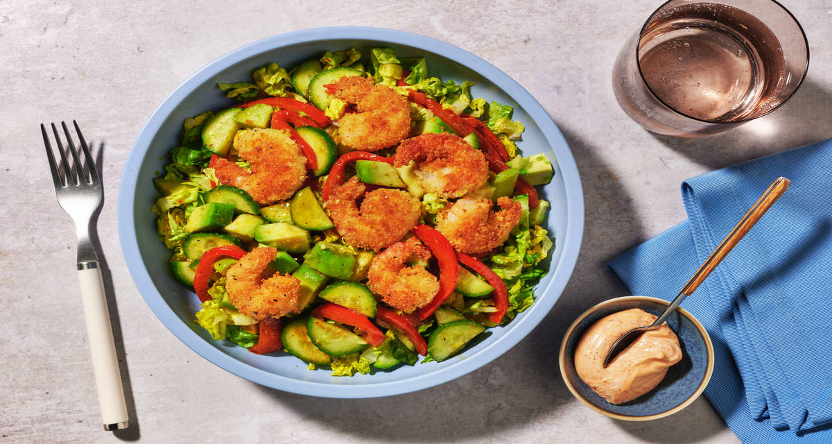 La Calypso : crevettes panées, poivron & avocat avec une sauce au paprika fumé