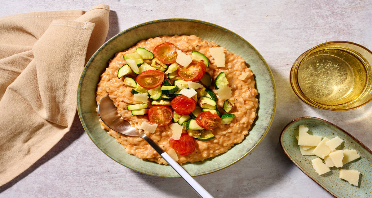 Risotto aux courgettes & tomates cerises rôties avec du parmesan AOP & du mascarpone