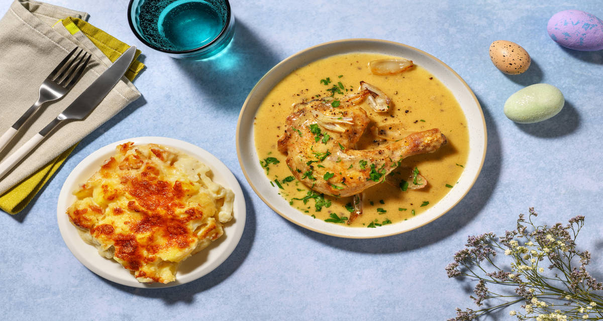 Cuisse de Poulet Label Rouge dorée du dimanche avec un gratin de chou-fleur gratiné au gouda