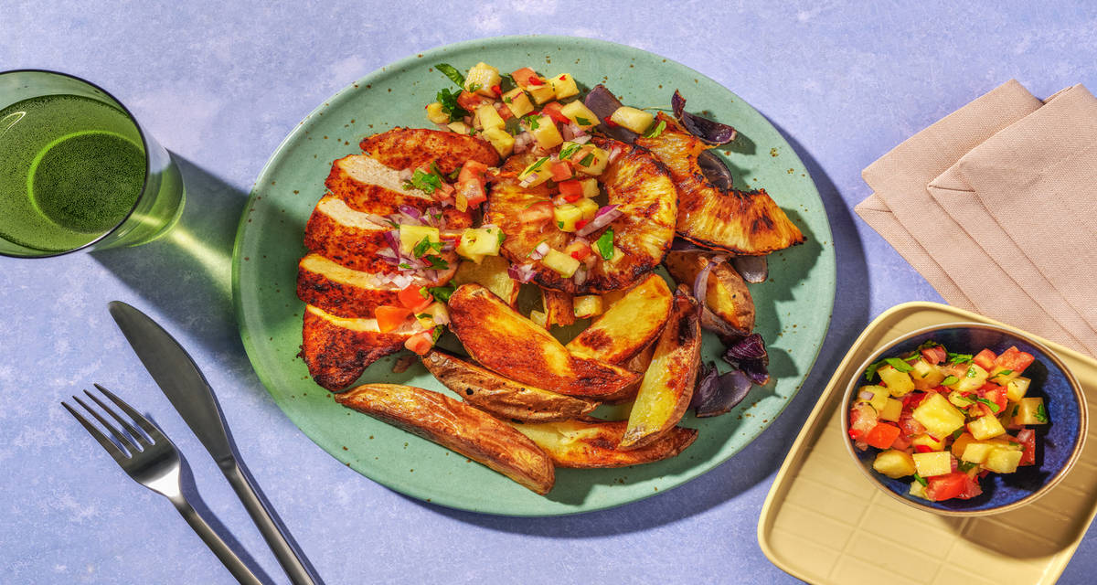 Poulet Label Rouge, tomates & salsa d'ananas avec des smokey potatoes & de la coriandre