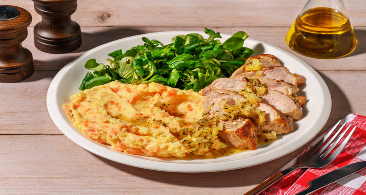 Filet mignon de porc & sauce miel-orange avec une purée de carotte au thym