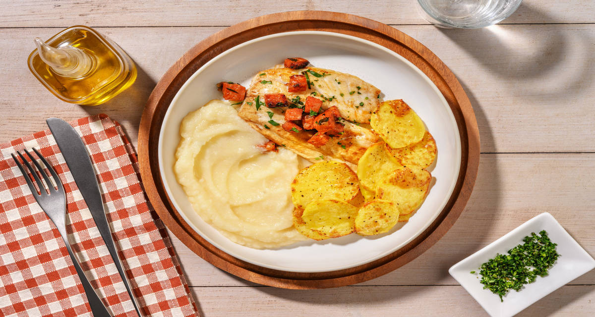 Lieu au chorizo & mousseline de topinambour avec des pommes de terre au four