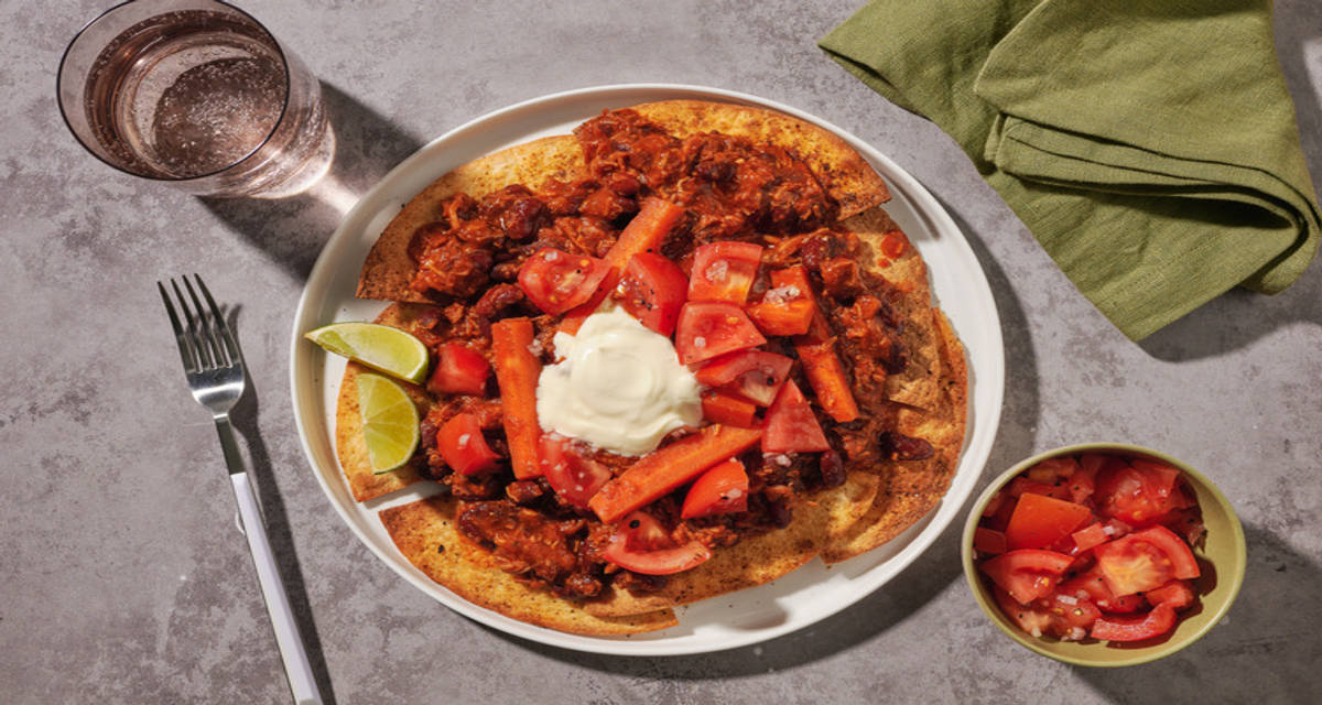 Mexican Spiced Pulled Pork and Tortilla Dippers with kidney beans and creme fraiche