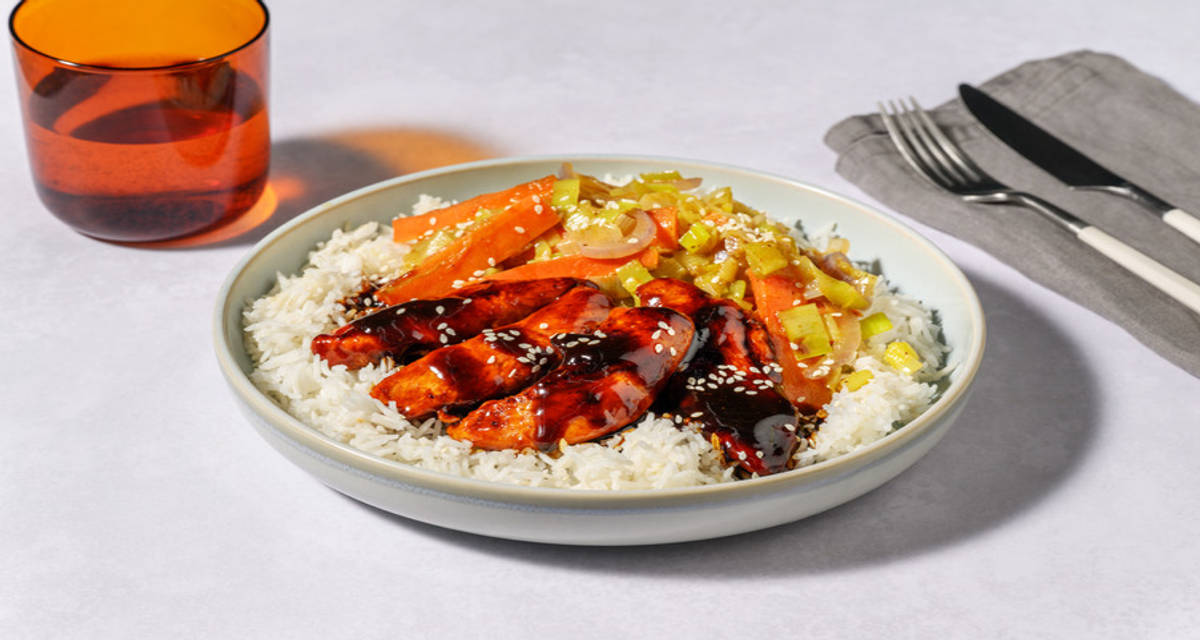 Tangy Teriyaki Fried Chicken Strips with pan-fried veg and rice