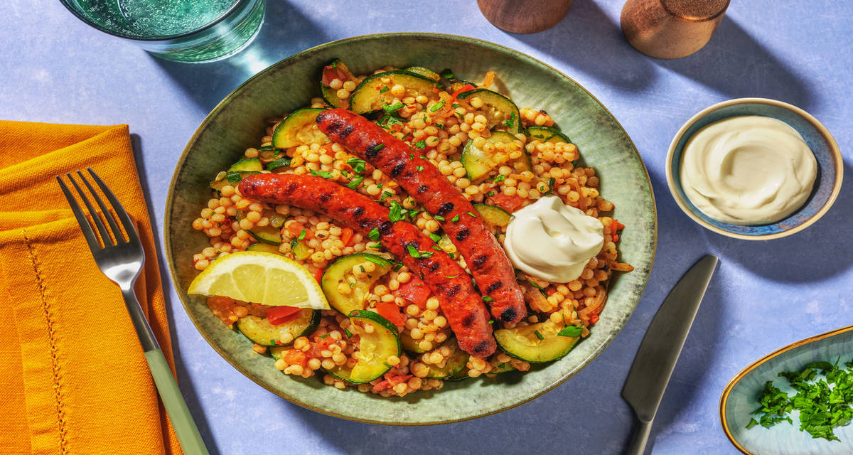 Place au BBQ : merguez de bœuf & tomates avec du couscous perlé & une sauce labneh