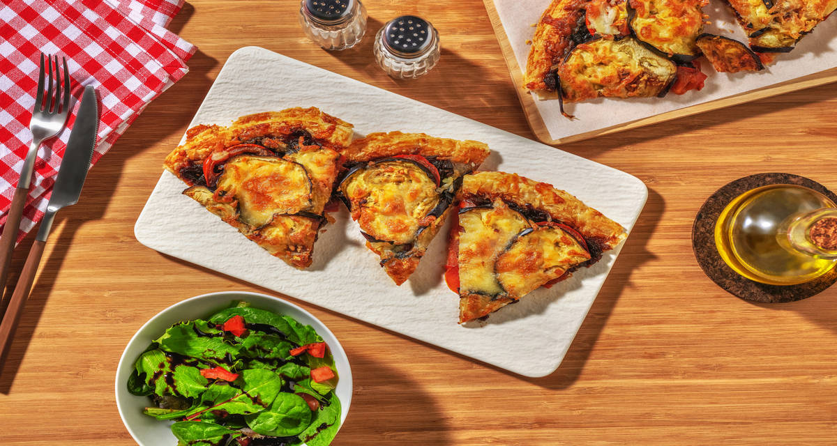 Tarte du soleil : comté AOP & aubergines avec une pâte sans gluten & des tomates