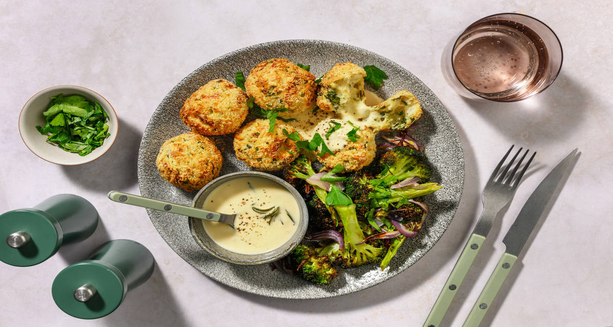 Crocchette di pane e carne alla fonduta di Pecorino Dop con broccolo dorato e profumo di rosmarino