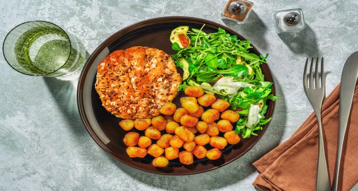 Burger de poisson multigrain & sauce ravigote mini-grenailles BBQ et salade de courgette