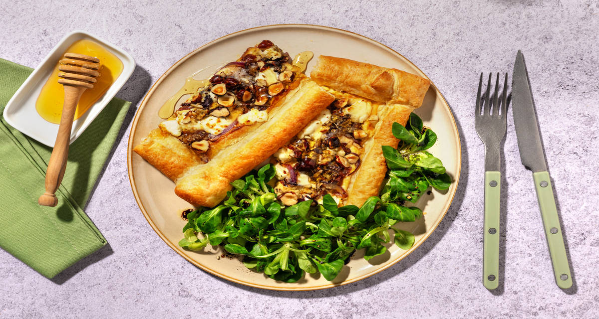 Honeyed Goat's Cheese Tart with Irish Bacon with toasted hazelnuts and side salad