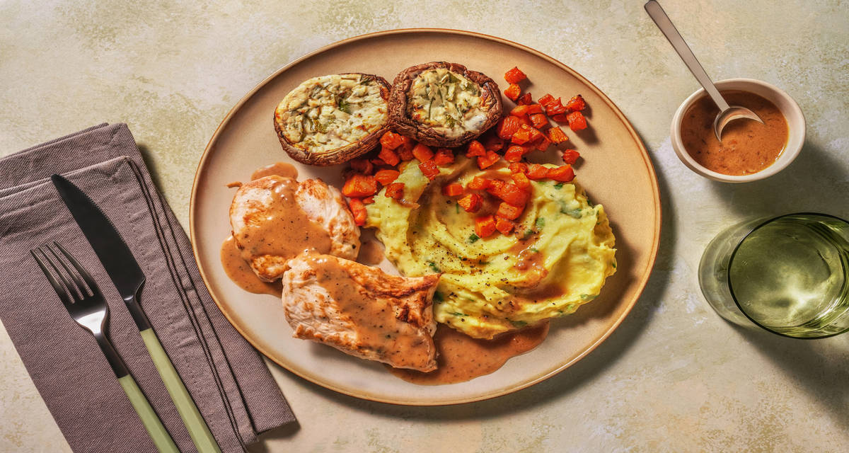 Chicken and Cheese-stuffed Portobellos with parsley mashed potatoes