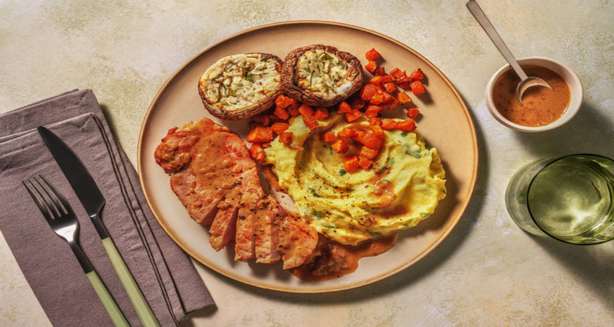 Double Gammon and Cheese-stuffed Portobellos with parsley mashed potatoes