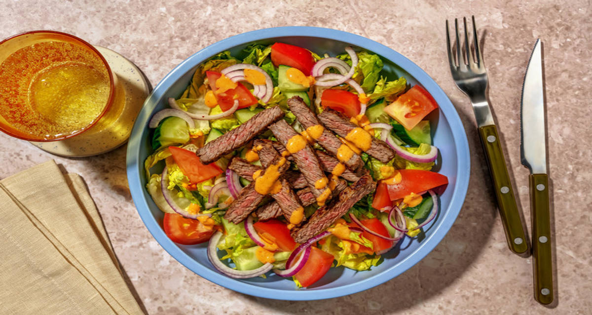 Nduja Hollandaise Beef Salad with onion, tomato and cucumber