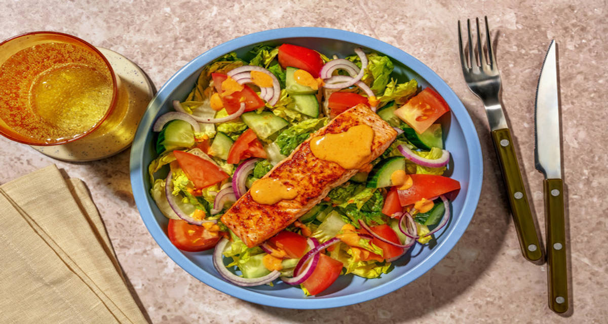 Nduja Hollandaise Salmon Salad with onion, tomato and cucumber