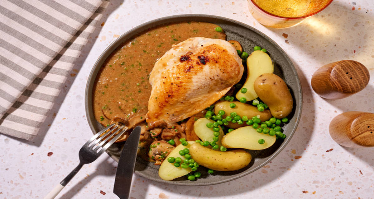 Quick Chicken in Black Garlic Mushroom Sauce with peas and buttery potatoes