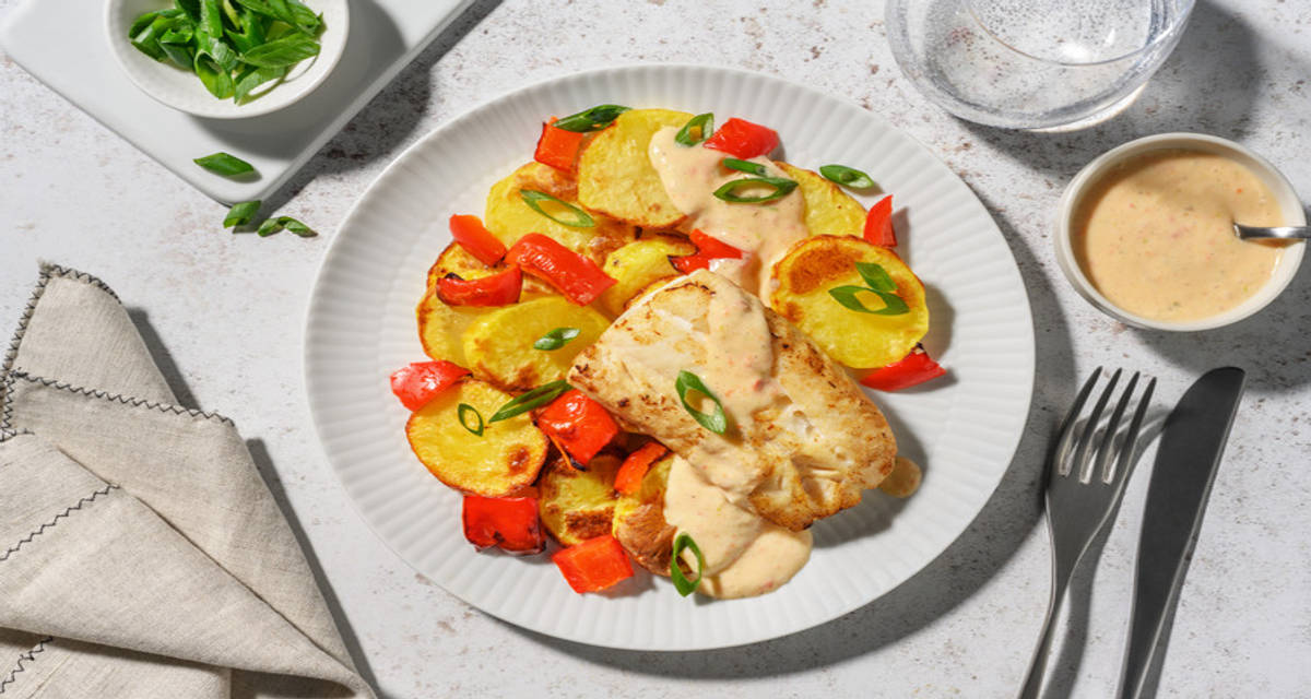 Bacalao con emulsión de ajo tierno y queso crema con patatas y pimiento asado