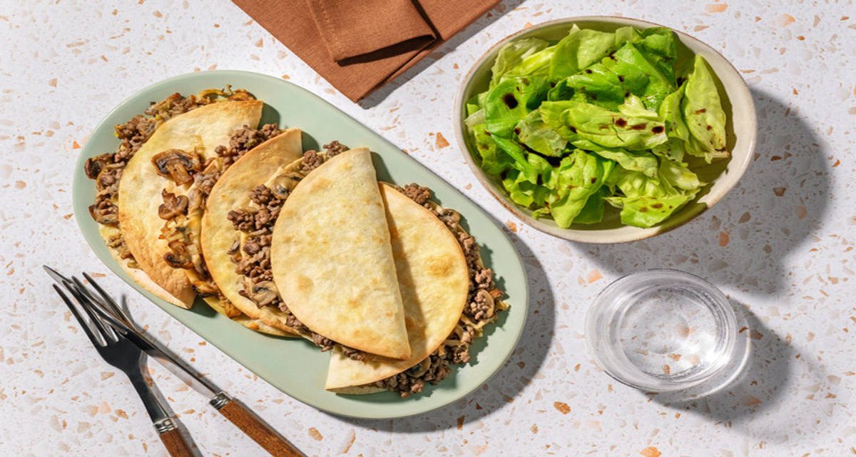 Cheesy Mushroom and Leek Quesadillas with Irish Lean Beef with Mexican spices