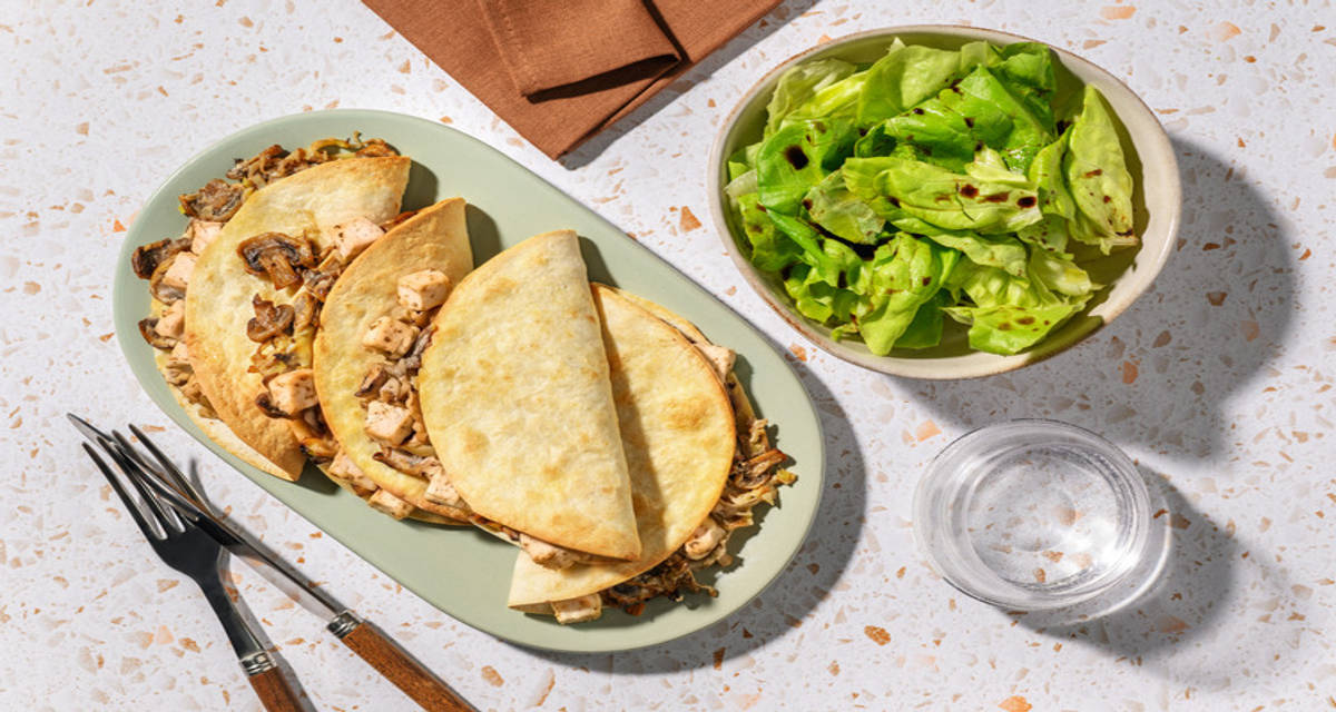 Cheesy Mushroom and Leek Quesadillas with Irish Chicken with Mexican spices