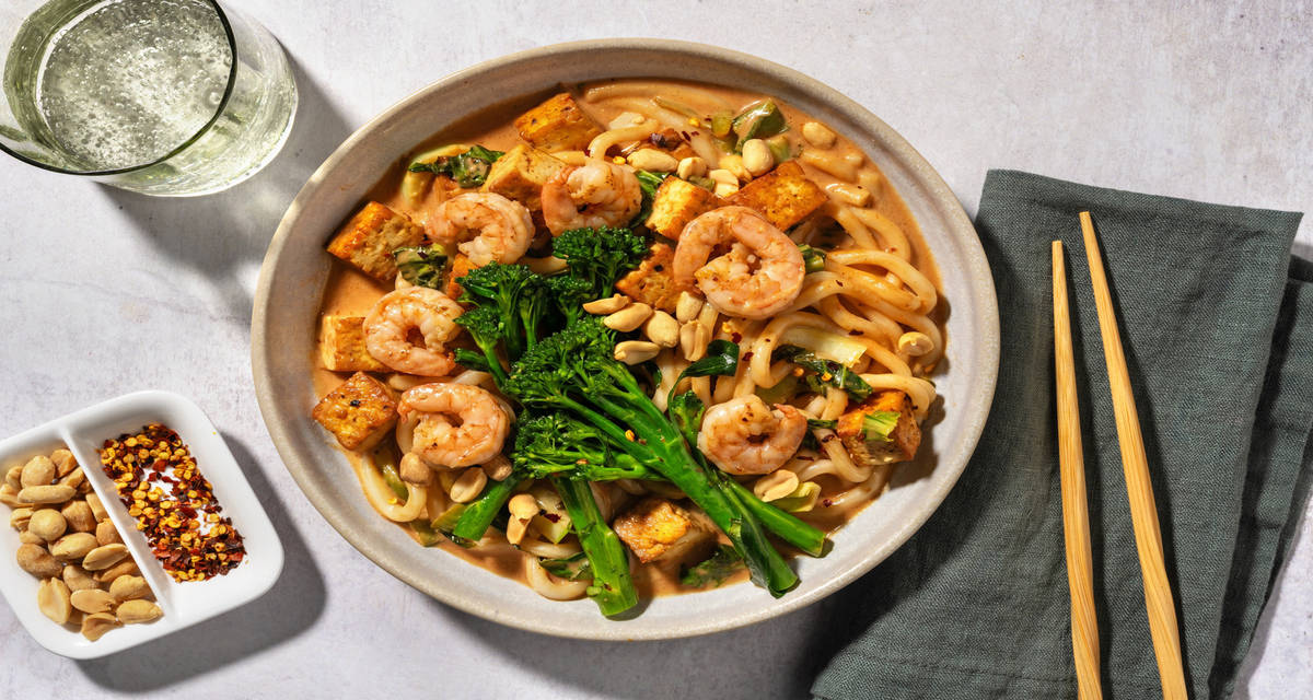 Gingery Mango Tofu and Prawn Noodles with tender pak choi