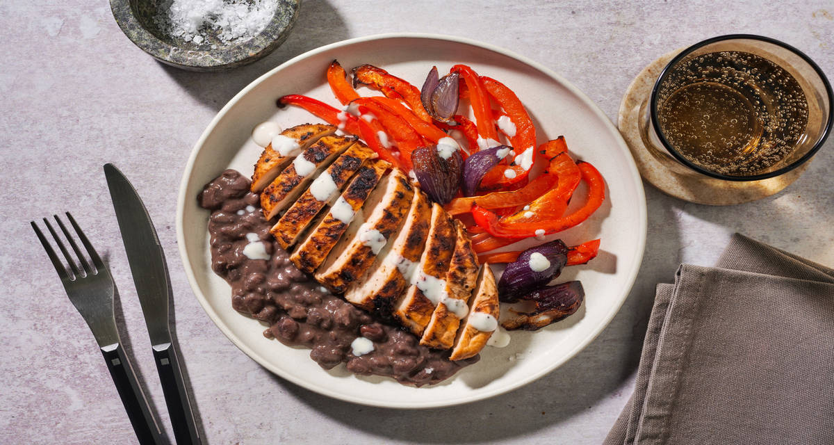 Mexican-inspired Chicken and Smoky Black Beans with tender roasted pepper