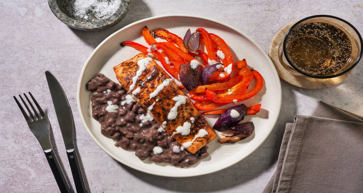 Mexican-inspired Salmon and Smoky Black Beans with tender roasted pepper