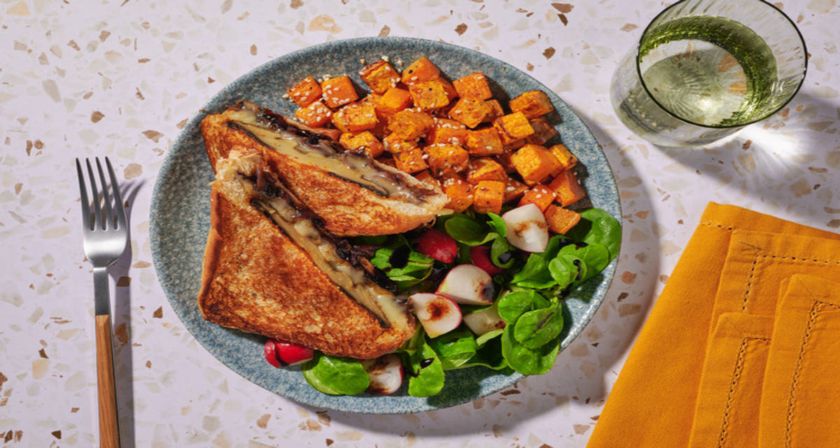 Vegan Nduja and Portobello Mushroom Toastie with tossed radish salad and sesame potatoes