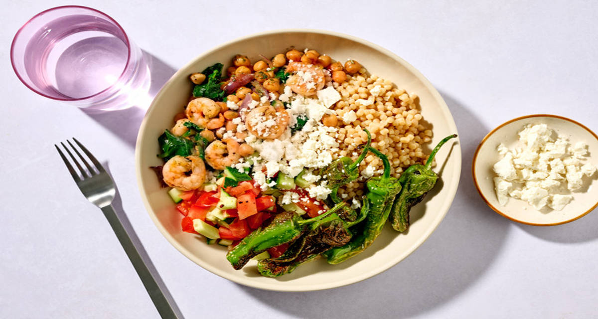 Prawns with Padron Peppers and Espinacas con Garbanzos with Greek style cheese