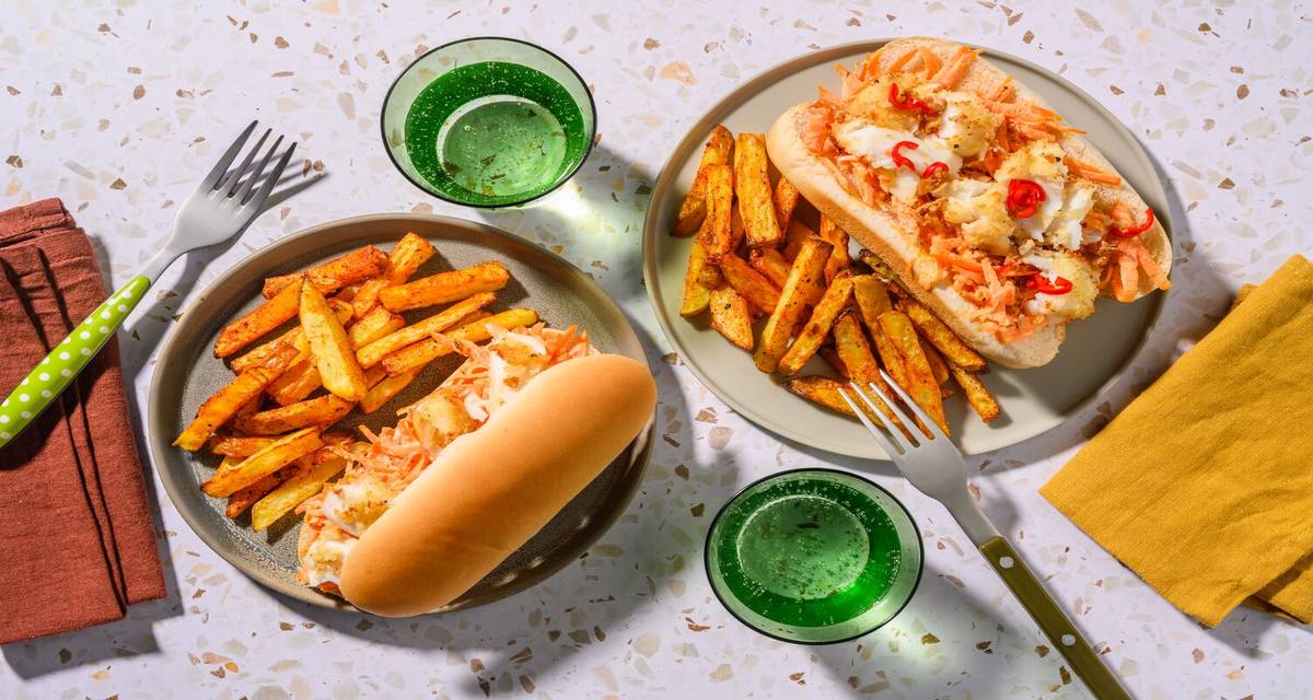 Crispy Double Fish Finger Roll and Sweet Potato Fries for adults: add pickled chilli garnish