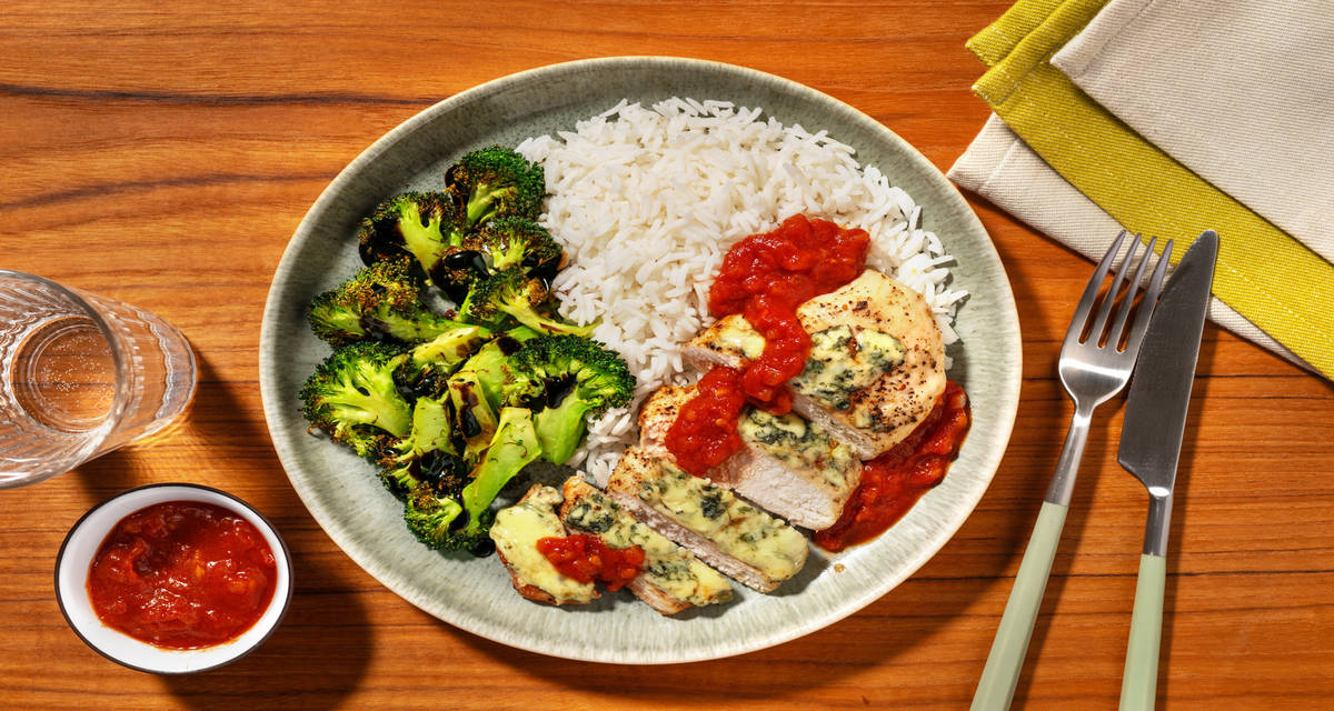 Cashel Blue® Cheese Chicken with Ballymaloe Relish served alongside rice and roasted broccoli