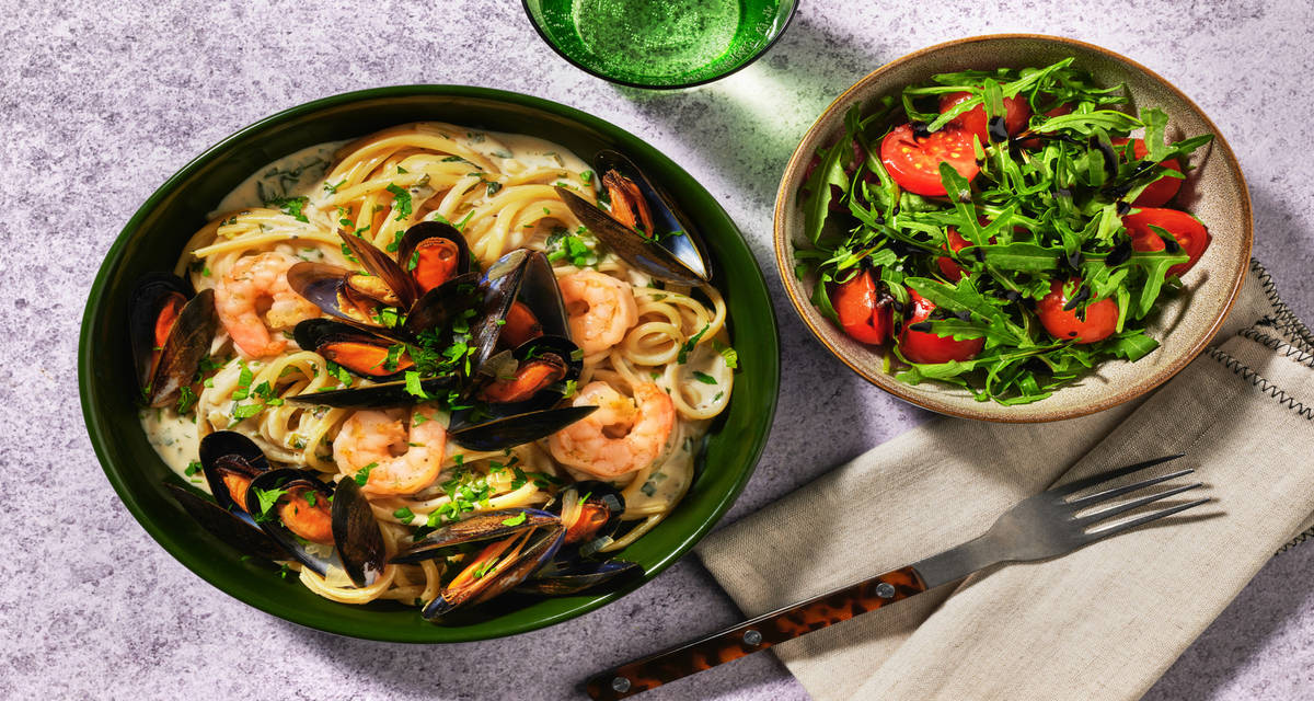 Creamy Garlic Mussel Linguine with Prawns with balsamic dressed salad