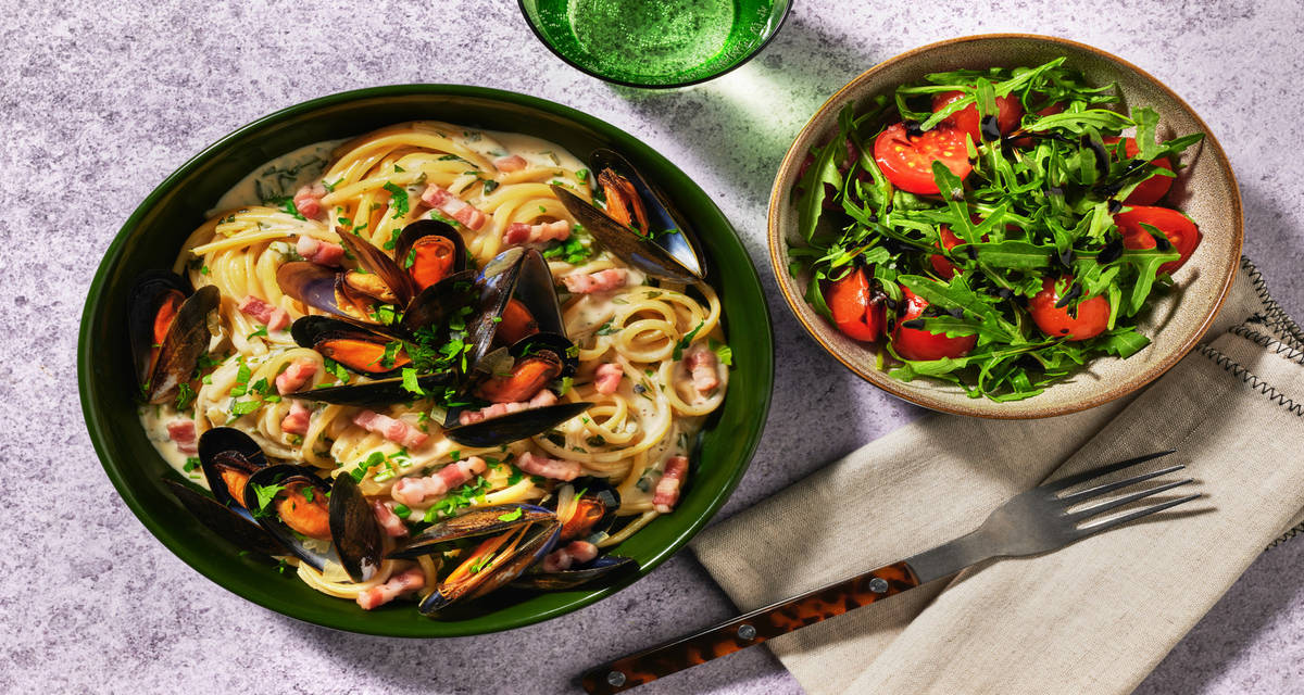 Creamy Garlic Mussel Linguine with Irish Bacon with balsamic dressed salad